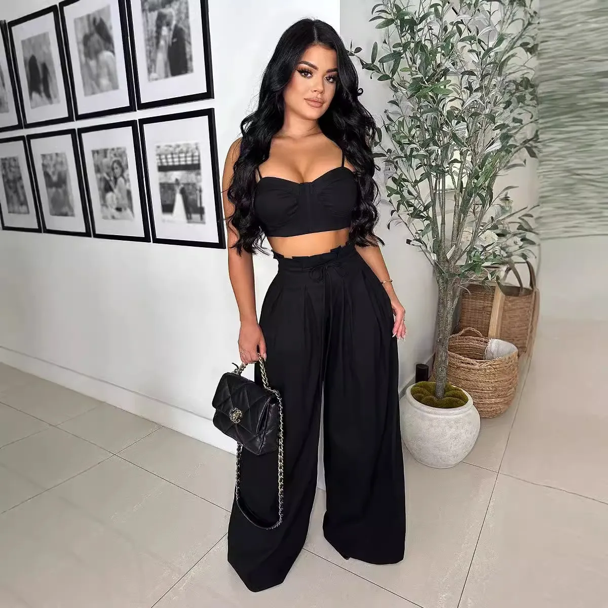 Women Fashion Sexy Solid Color Camisole Wide-Leg Pants Two-Piece Set