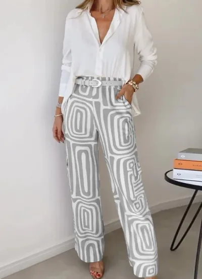 Women Casual Lapel Long-Sleeve Blouse Digital Printed Abstract Loose Pants Two-Piece Set