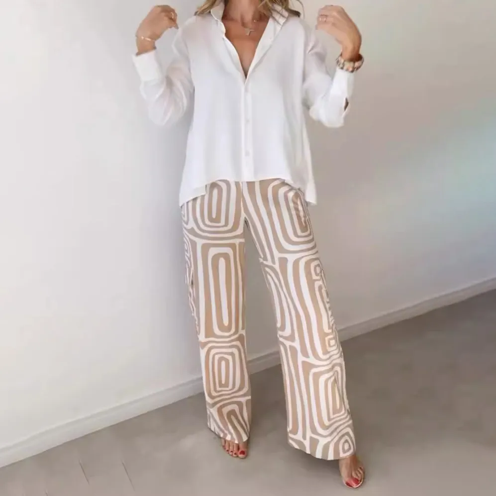 Women Casual Lapel Long-Sleeve Blouse Digital Printed Abstract Loose Pants Two-Piece Set