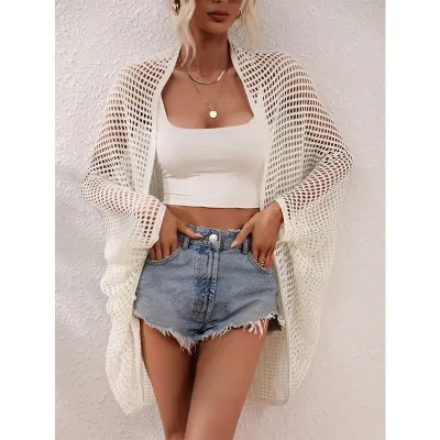 Women Vacation Hollow-Out Long-Sleeve Knitted Sunscreen Swimsuit Cover-Ups