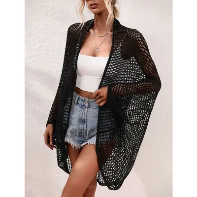 Women Vacation Hollow-Out Long-Sleeve Knitted Sunscreen Swimsuit Cover-Ups