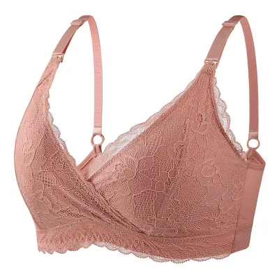 Pregnant Women Solid Color Lace Cross Breastfeeding Bra with Mold Cup