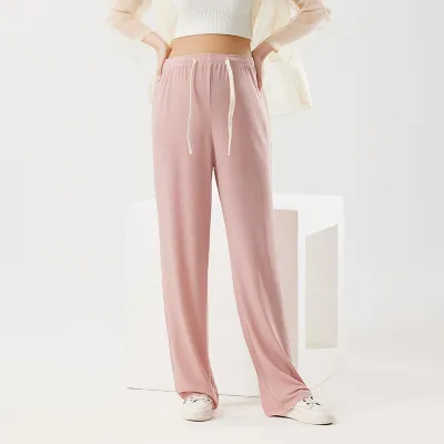 Pregnant Women Casual Solid Color Ice Silk Drawstring Sports Wide-Leg Pants