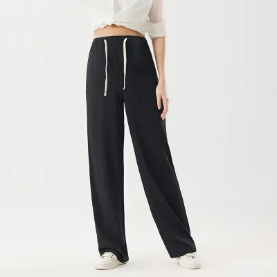 Pregnant Women Casual Solid Color Ice Silk Drawstring Sports Wide-Leg Pants