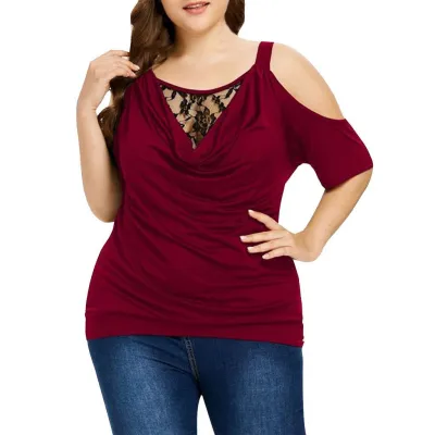 Women Plus Size Casual Lace Splicing Round Neck Short Sleeve T-Shirt
