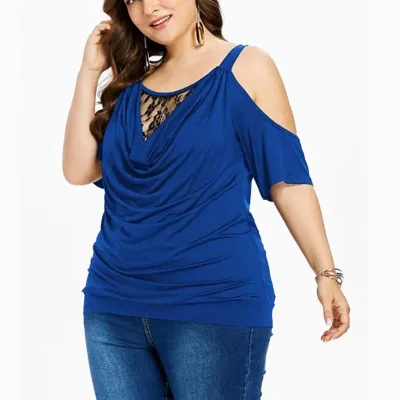 Women Plus Size Casual Lace Splicing Round Neck Short Sleeve T-Shirt