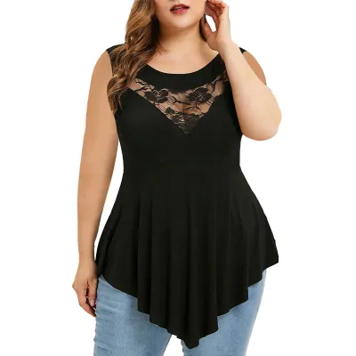 Women Fashion Irregular Plus Size Floral Lace Stitching Sleeveless Round Neck T-Shirt