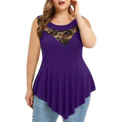 Women Fashion Irregular Plus Size Floral Lace Stitching Sleeveless Round Neck T-Shirt