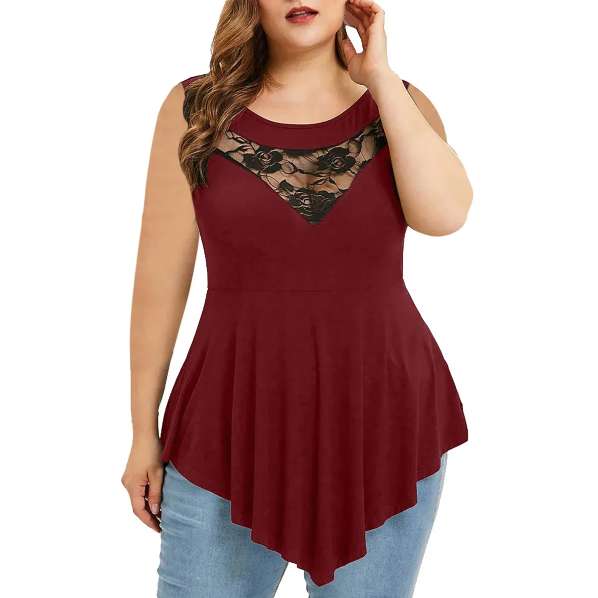 Women Fashion Irregular Plus Size Floral Lace Stitching Sleeveless Round Neck T-Shirt