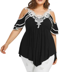 Women Fashion Casual Plus Size Lace Stitching V-Neck Double-Layer Ruffled Short-Sleeve T-Shirt