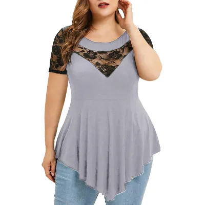 Women Casual Irregular Plus Size Floral Lace Stitching Round Neck Short Sleeve T-Shirt