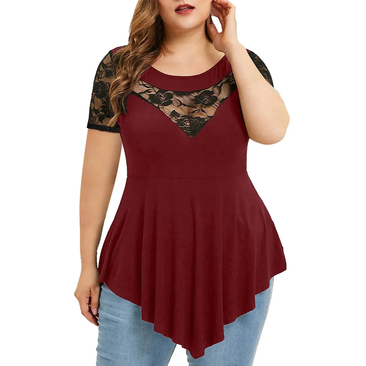 Women Casual Irregular Plus Size Floral Lace Stitching Round Neck Short Sleeve T-Shirt