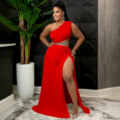 Women Fashion Sexy Solid Color Plus Size Slanted Shoulder Sleeveless Crop Top Split Skirts Two-Piece Set