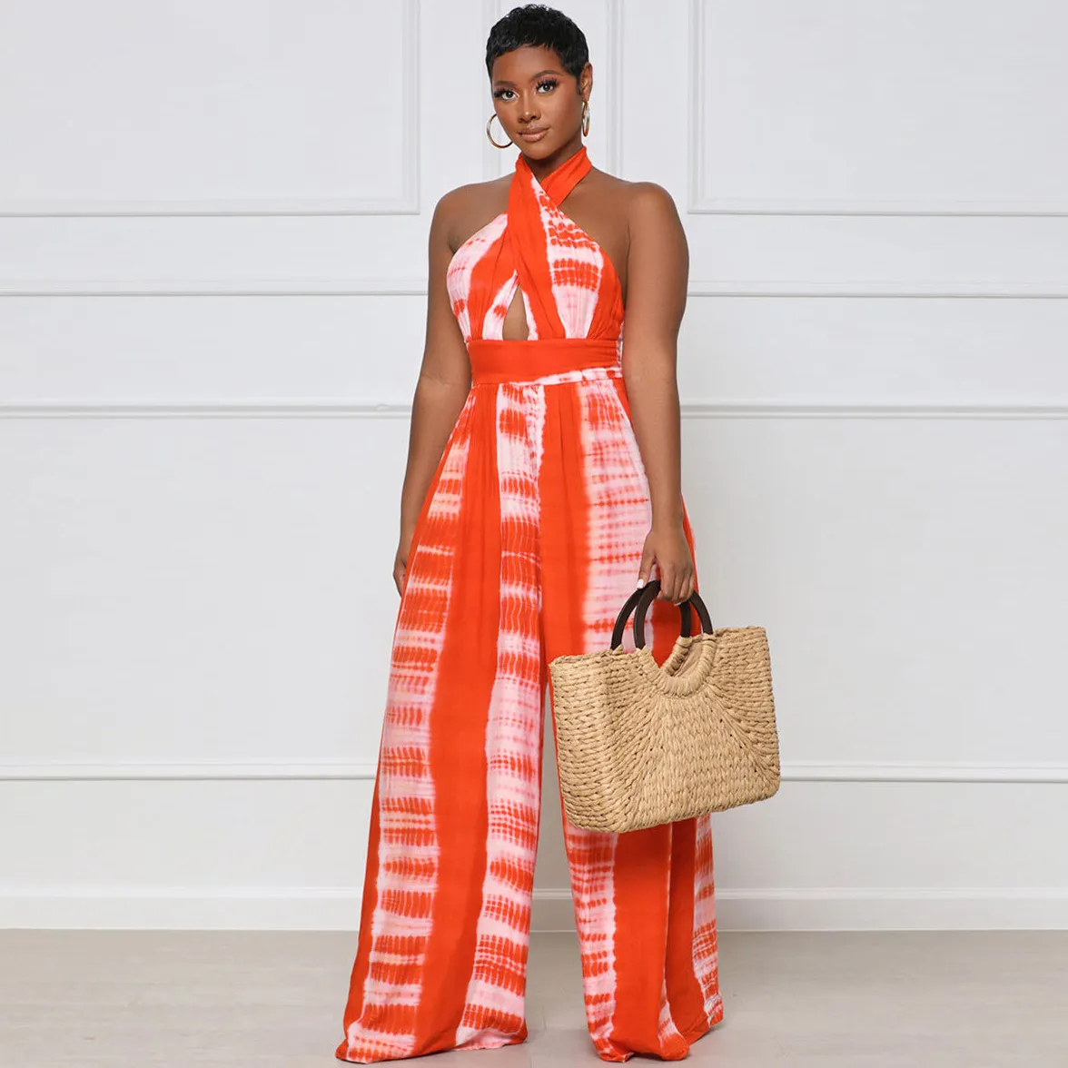 Women Fashion Tie-Dye Printed Backless Wide Leg Jumpsuits