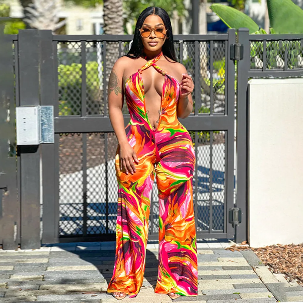 Women Sexy Printed Hollow Neck Overback Jumpsuit - Street Hipster Style