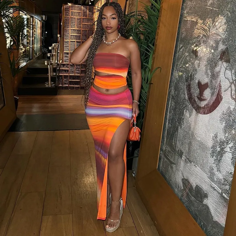 Women Fashion Sexy Gradient Print Sleeveless Tube Top Slim-Fit Split Skirt Two-Piece Set
