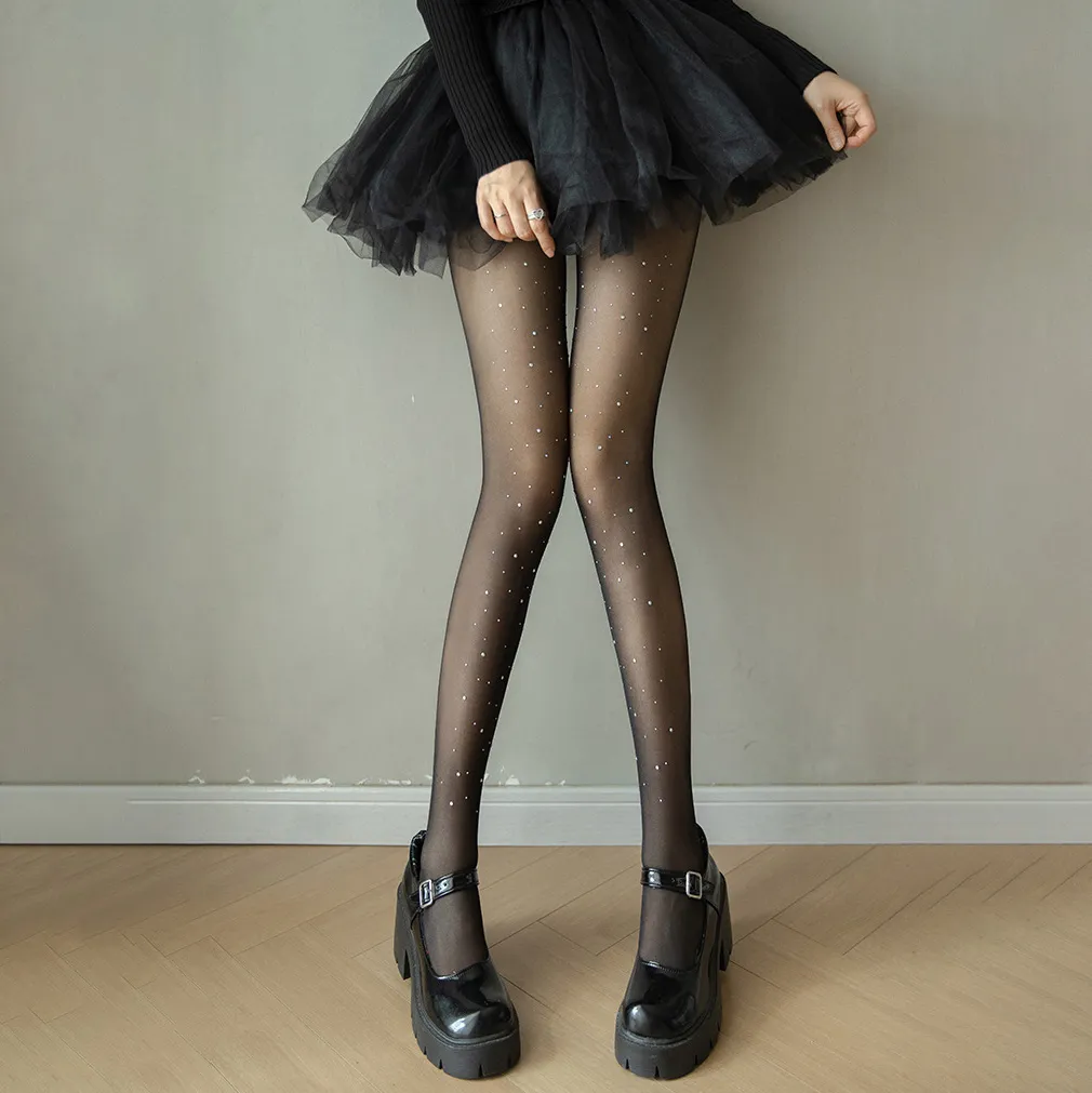 Women Fashion Sexy Sweet Solid Color Rhinestone Stockings