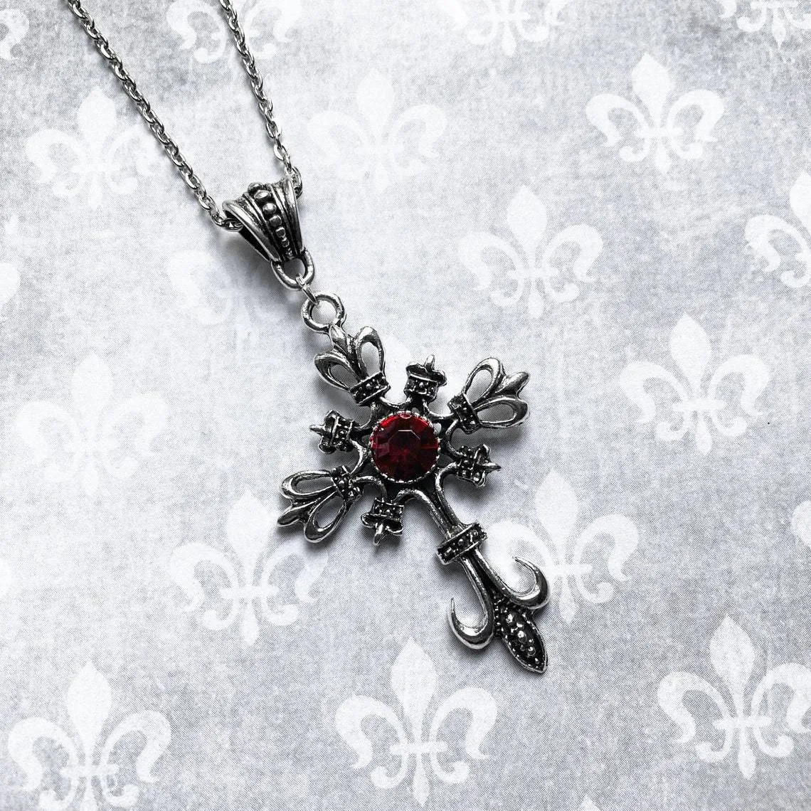 Women's Fashion Retro Gothic Ruby Cross Pendant Necklace