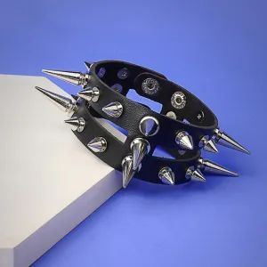 Fashion Punk Gothic Double Hollow-Out Rivet Leather Bracelet Women's Exaggeration Geometric