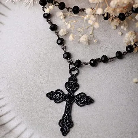 Women Fashion Gothic Exaggerated Cross Beads Stacked Pendant Necklace