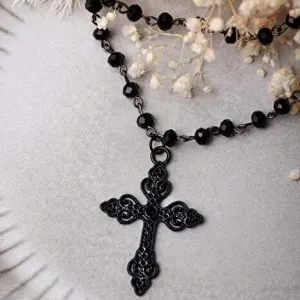 Women Fashion Gothic Exaggerated Cross Beads Stacked Pendant Necklace