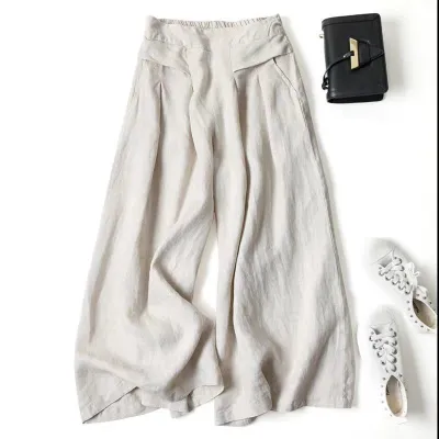 Women Casual Solid Color Cotton And Linen Thin Mid-Waist Wide-Leg Pants