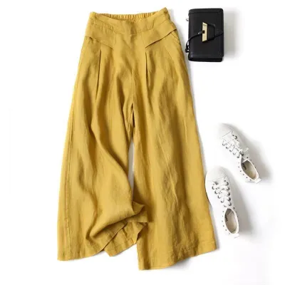 Women Casual Solid Color Cotton And Linen Thin Mid-Waist Wide-Leg Pants