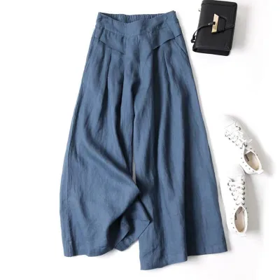 Women Casual Solid Color Cotton And Linen Thin Mid-Waist Wide-Leg Pants