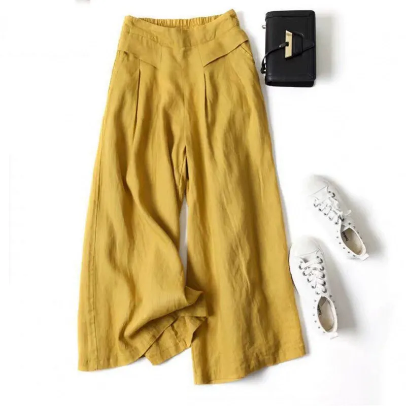 Women Casual Solid Color Cotton And Linen Thin Mid-Waist Wide-Leg Pants