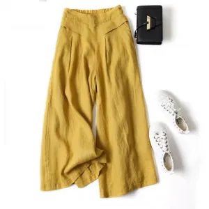 Women Casual Solid Color Cotton And Linen Thin Mid-Waist Wide-Leg Pants