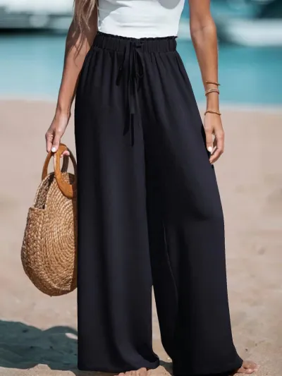 Women Casual Solid Color Mid-Waist Wide Leg Loose Pants