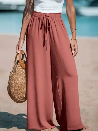 Women Casual Solid Color Mid-Waist Wide Leg Loose Pants
