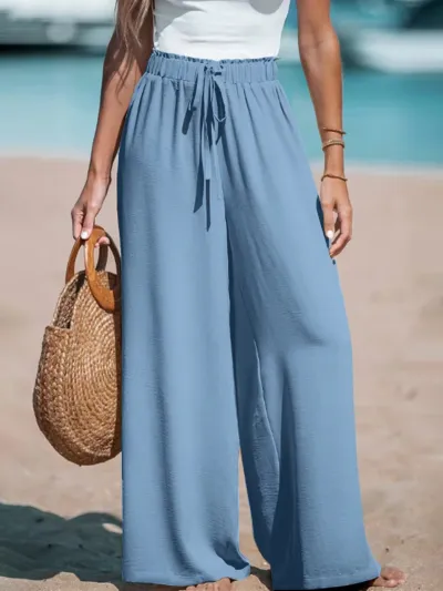 Women Casual Solid Color Mid-Waist Wide Leg Loose Pants