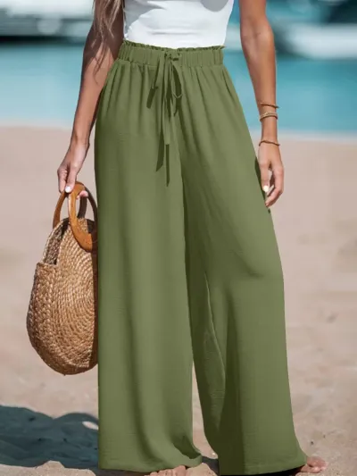 Women Casual Solid Color Mid-Waist Wide Leg Loose Pants