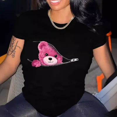 Women Casual Teddy Bear Graphic Printed Round Neck Short Sleeve T-Shirt