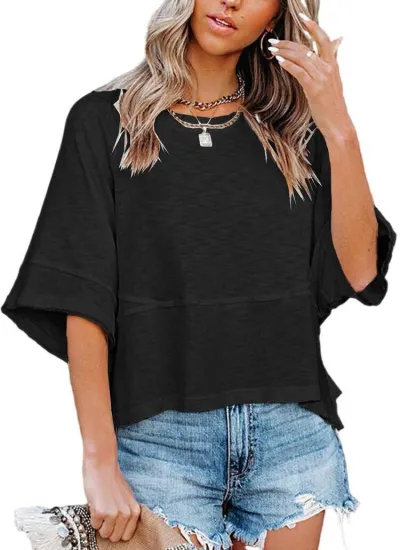 Women Casual Flared Sleeve Loose T-Shirt Solid Color Urban Style