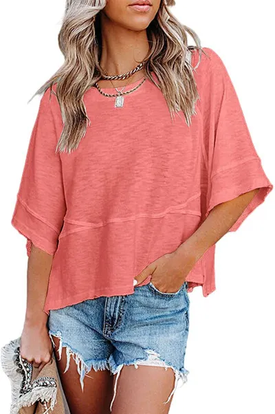 Women Casual Flared Sleeve Loose T-Shirt Solid Color Urban Style