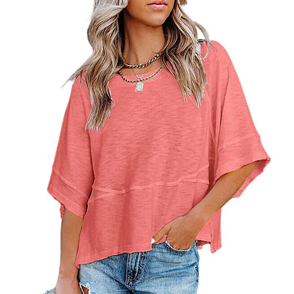 Women Casual Flared Sleeve Loose T-Shirt Solid Color Urban Style