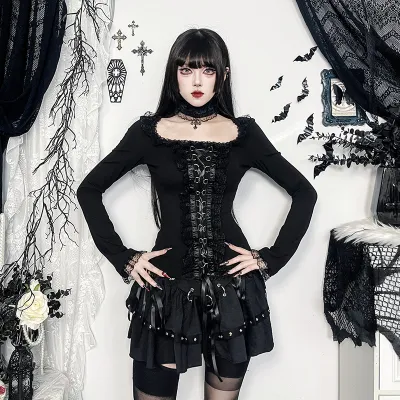 Women Gothic Lace-Up Square Neck Long-Sleeve T-Shirt