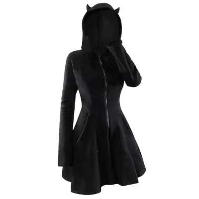 Women Gothic Velvet Stitching Long-Sleeve Slim-Fit Cat Ear Zipper Hooded A-Line Dress