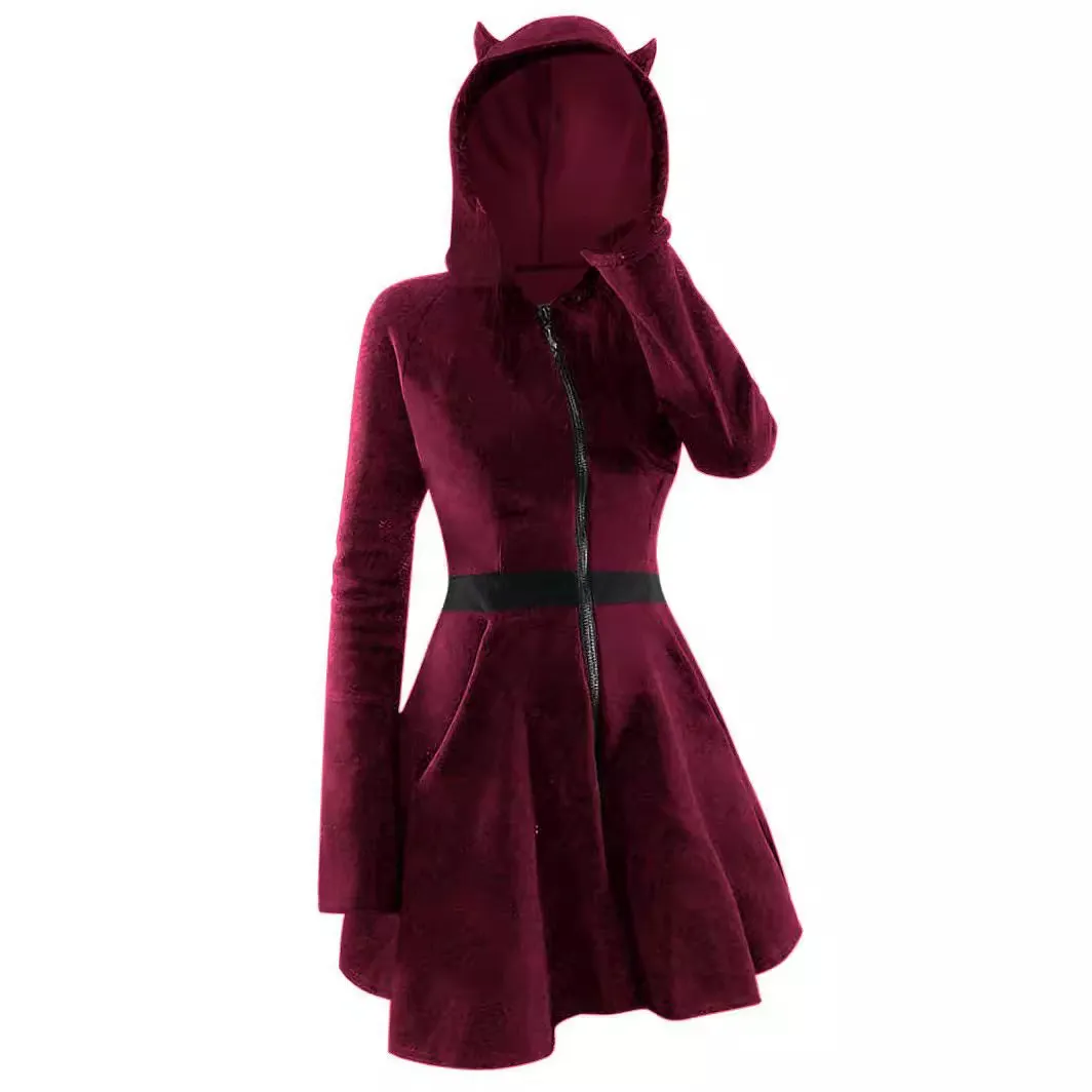 Women Gothic Velvet Stitching Long-Sleeve Slim-Fit Cat Ear Zipper Hooded A-Line Dress