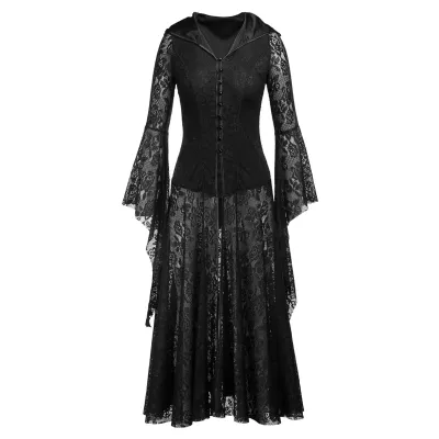 Women Retro Gothic Lace Splicing Long-Sleeve Irregular Cuffs Lace-Up Hooded Maxi Dress