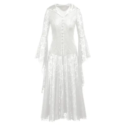 Women Retro Gothic Lace Splicing Long-Sleeve Irregular Cuffs Lace-Up Hooded Maxi Dress