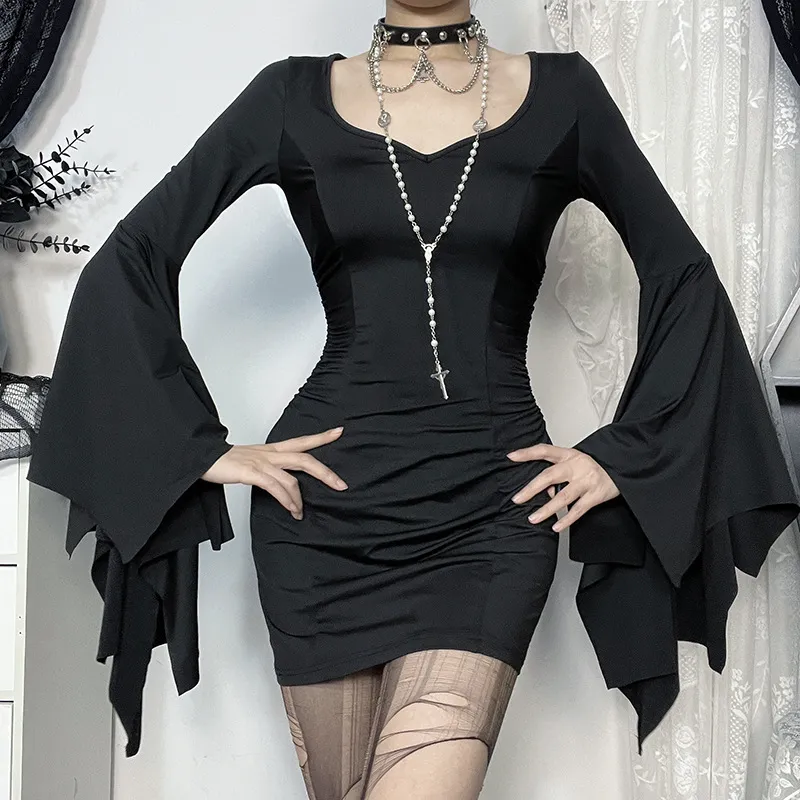 Women Elegant Gothic V-Neck Irregular Bat Sleeve Slim Fit Dress
