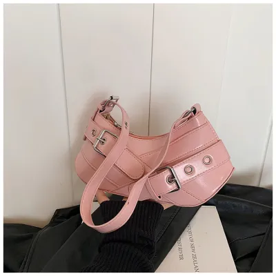 Women Fashion Casual Retro Solid Color Belt Baguette Shoulder Bag