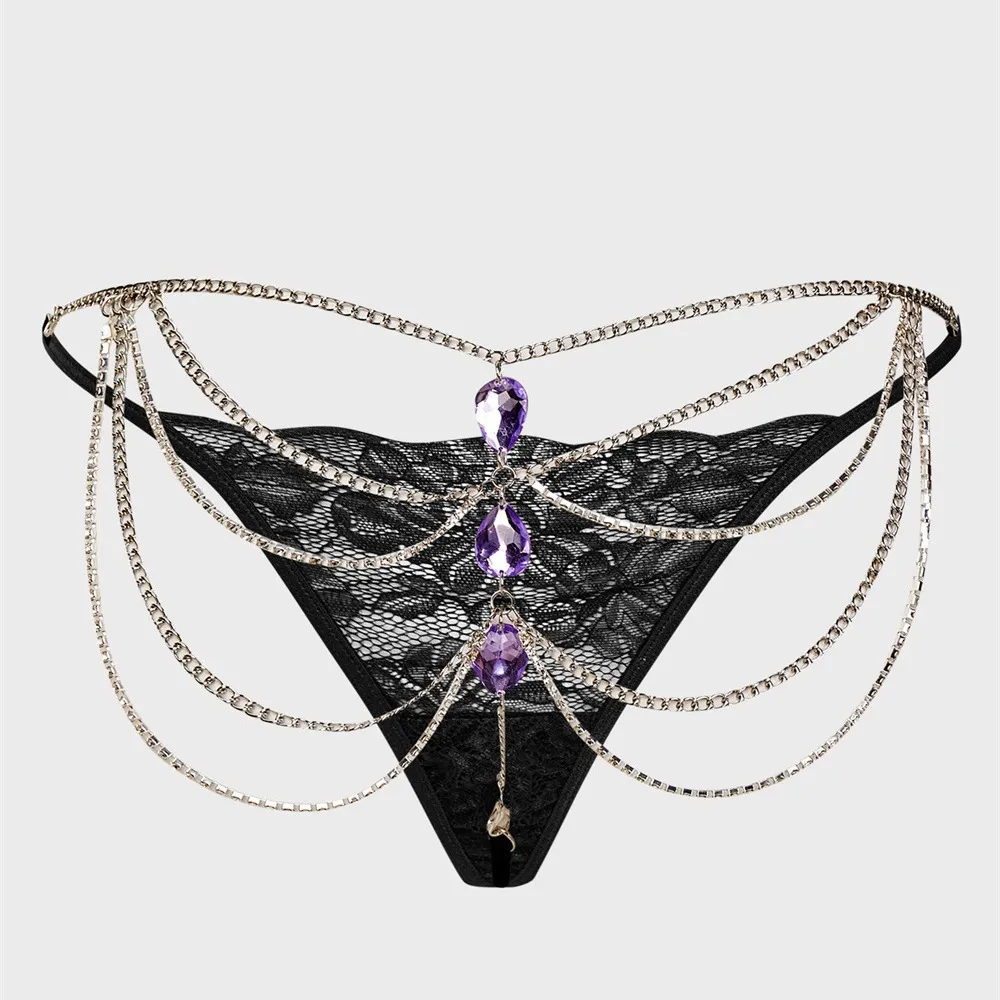 Women Sexy Solid Color Lace Chain Zircon Stitching Thong