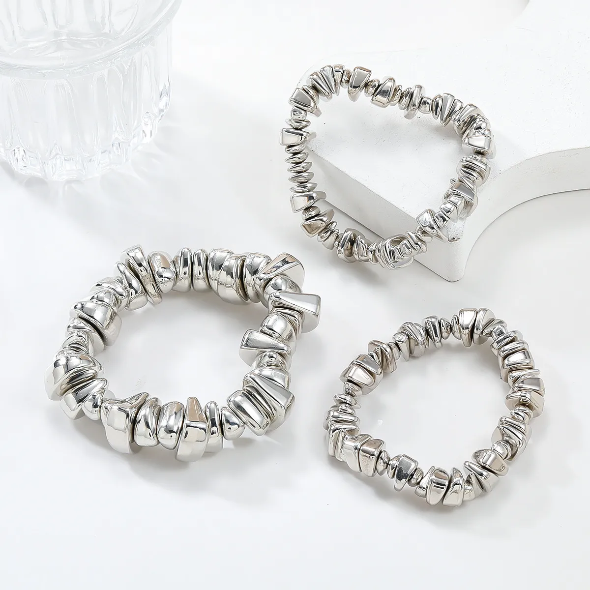 Women Fashion Simple Bead Bracelet Three-Piece Set Snake Chain Geometric Alloy