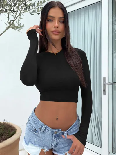 Women Fashion Sexy Solid Color Round Neck Long-Sleeve Slim-Fit Crop Top