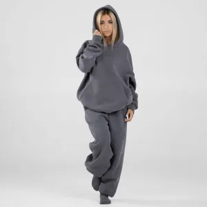 Women Casual Embroidered Hoodie and Loose Pants Set - Solid Color Long-Sleeve Two-Piece