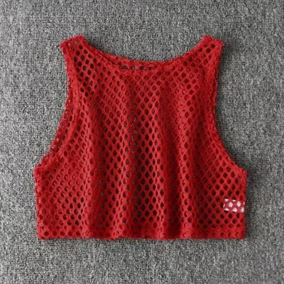 Women Fashion Solid Color Mesh Hollow-Out Perspective Round Neck Sleeveless Crop Top